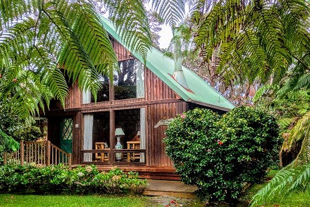 Oma's Exterior, a two-story cedar cabin in Volcano Hawaii